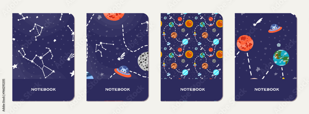 Poster School notebook cover design with cartoon galaxy.