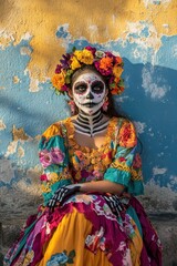 Fototapeta premium A woman in vibrant traditional attire and skeleton face paint poses against a colorful wall.