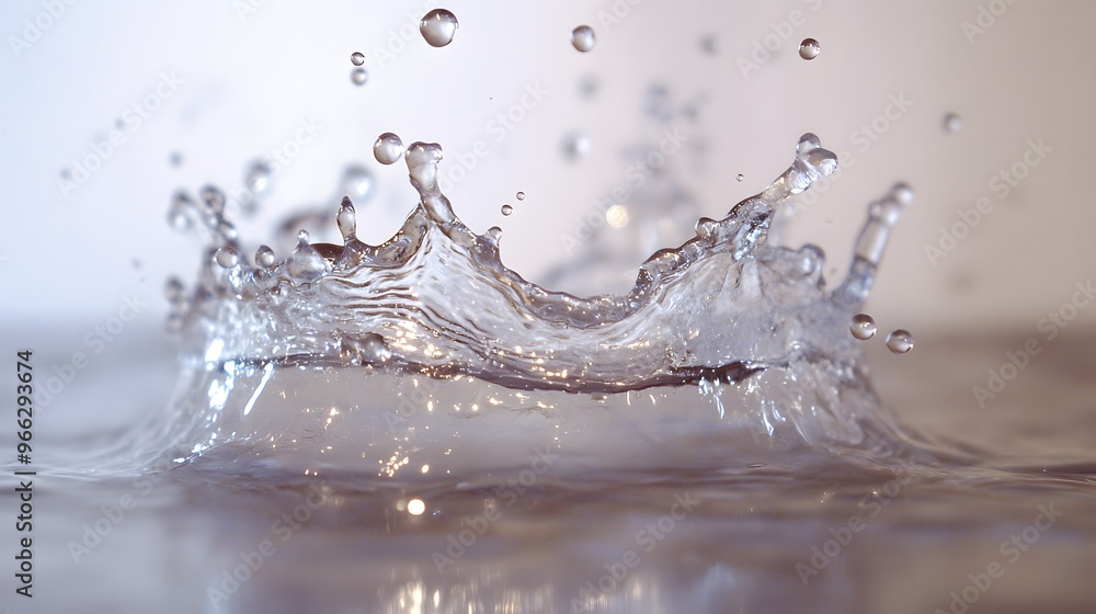 Poster 14. a dynamic splash of water droplets frozen in mid-air, creating intricate patterns and refracted 