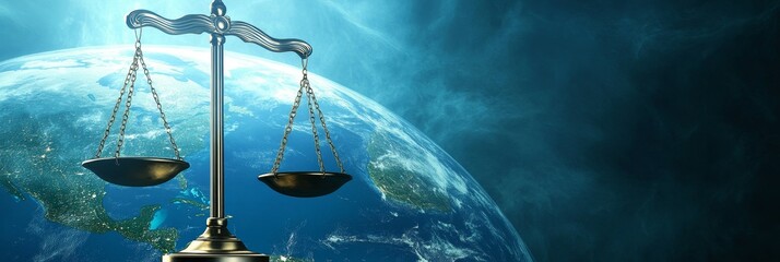 A symbolic representation of justice featuring a scales of justice balanced over the Earth, representing the need for fairness and equality on a global level.