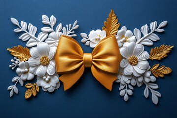 Fototapeta premium A large, embossed gold bow in the center, surrounded by delicate flowers and the babyâ€™s name written in gold foil