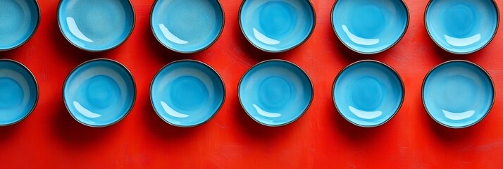 A top view of a series of blue ceramic plates arranged in a symmetrical pattern against a vibrant red background. The plates represent order, simplicity