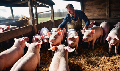 A farmer gently pets a pig in a barn