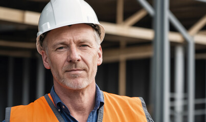 A construction worker stands in front of a building under construction