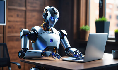 Fototapeta premium A humanoid robot sits at a desk in an office, typing on a laptop