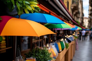Obraz premium A multi-colored awning on a flea market stall, providing a pop of color to the busy market, attracting shoppers to the vendor