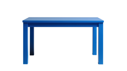 Blue wooden table with simple design, featuring four sturdy legs and a minimalist style. Ideal for modern interior settings or home office furniture. Isolated on transparent background, png.