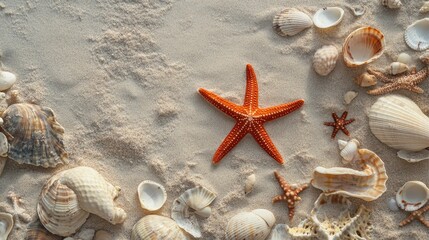 A top-down view of a sandy beach with a vibrant orange starfish surrounded by various seashells. The composition evokes a sense of tranquility, relaxation, and the beauty of nature.