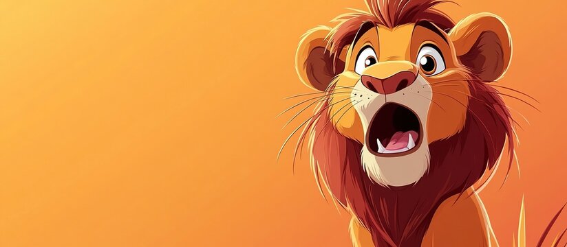 Simba roaring with excitement. Amazed cartoon character lion with copy space. Design illustrations. Yellow Background. AI generated image
