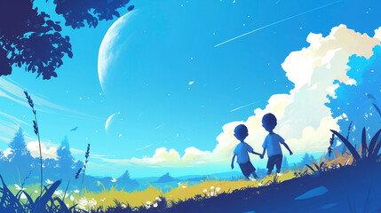 Large blank space in the middle for easy writing, two cartoon children in the bottom left corner