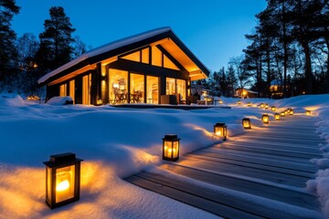 Obraz premium A postcard from a Scandinavian holiday cabin, surrounded by snow and lit with glowing lanterns, captioned Warm Winter Wishes from the North