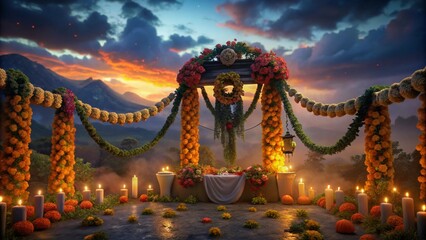 Fototapeta premium Vibrant Marigold Garlands Perfect for Celebrating the Day of the Dead Festival