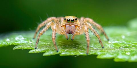 small spider sitting on green leaf on blur background