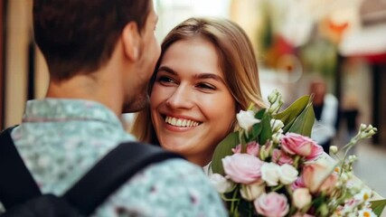 A romantic couple in love, hot date of young people with flowers - Powered by Adobe