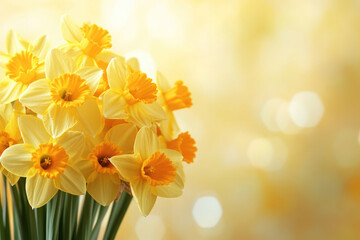 Fototapeta premium A banner featuring a vibrant bouquet of bright yellow daffodils with a space for text.