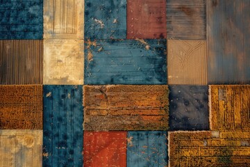 Vintage wooden patchwork texture featuring a variety of wood pieces in different colors and conditions, creating a rustic, abstract pattern.
