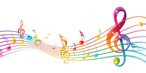 Vibrant colored musical notes and treble clefs swirling around a stylized music staff, set against a bright white