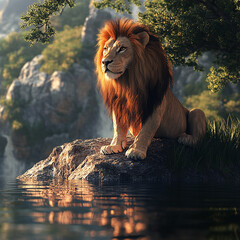 3d rendered photo of lion in river side