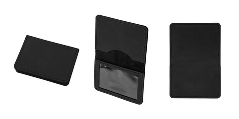 Minimalistic black leather cardholder with an open design, featuring a clear ID slot and a card compartment, ideal for business, travel, or daily use