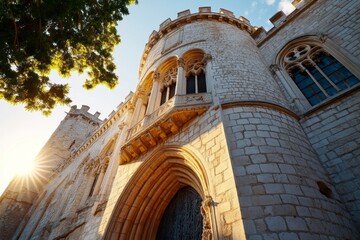 Obraz premium A quiet sunrise over the Palais des Papes, the early morning light casting golden hues on the ancient stone walls