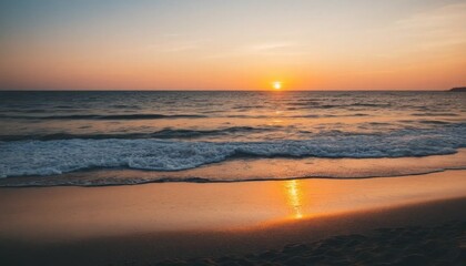 Orange Sunset over the Ocean with Waves Crashing on the Beach