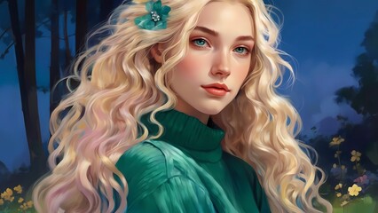 Fototapeta premium An incredibly lifelike and beautiful digital illustration of a woman with long blonde hair. 