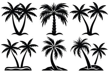 Simple Vector Palm Tree silhouette SVG icons and Beach Logo Designs in black and white and transparent background PNG file with Suns Clouds and Islands in the Ocean