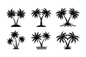 Fototapeta premium Simple Vector Palm Tree silhouette SVG icons and Beach Logo Designs in black and white and transparent background PNG file with Suns Clouds and Islands in the Ocean