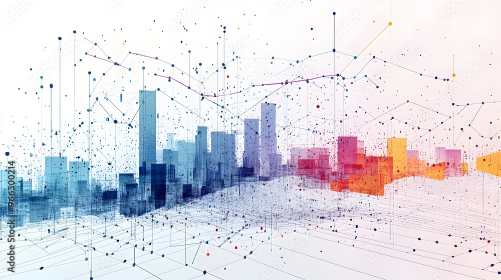 Poster abstract cityscape with interconnected lines and dots
