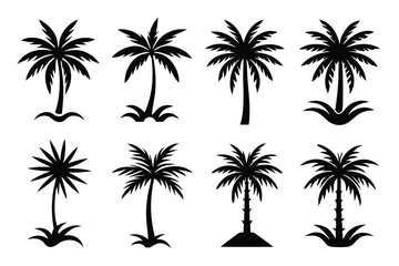 Fototapeta premium Simple Vector Palm Tree silhouette SVG icons and Beach Logo Designs in black and white and transparent background PNG file with Suns Clouds and Islands in the Ocean