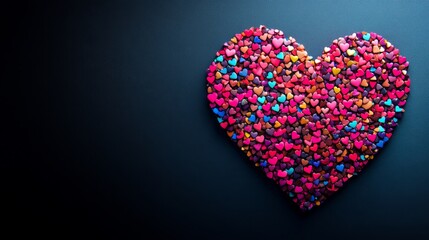 Fototapeta premium A vibrant heart shape is created using small, colorful hearts. This image symbolizes love, unity, affection, and togetherness. The blue background provides a simple yet striking contrast.