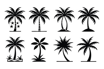 Obraz premium Simple Vector Palm Tree silhouette SVG icons and Beach Logo Designs in black and white and transparent background PNG file with Suns Clouds and Islands in the Ocean