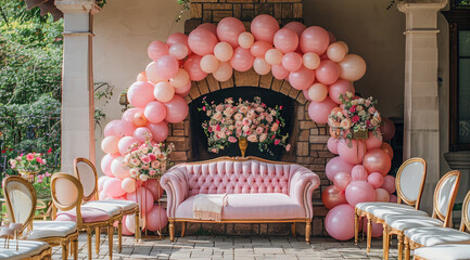 Pink balloon garland, outdoor living area with pink sofa surrounded by gold chairs, floral table, aesthetic decor for a party. Generative AI.