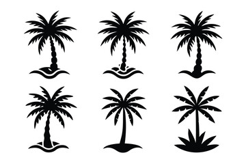 Simple Vector Palm Tree silhouette SVG icons and Beach Logo Designs in black and white and transparent background PNG file with Suns Clouds and Islands in the Ocean