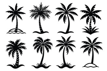 Fototapeta premium Simple Vector Palm Tree silhouette SVG icons and Beach Logo Designs in black and white and transparent background PNG file with Suns Clouds and Islands in the Ocean
