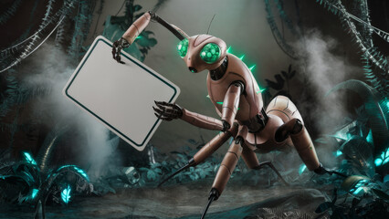 Futuristic insect-like robot holding a blank sign in a dense, misty jungle environment with glowing neon green lights, segmented robotic limbs, and detailed biomechanical structure.
