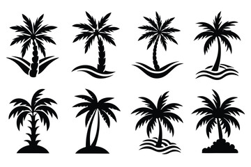 Fototapeta premium Simple Vector Palm Tree silhouette SVG icons and Beach Logo Designs in black and white and transparent background PNG file with Suns Clouds and Islands in the Ocean