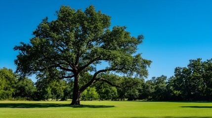 Obraz premium A majestic oak tree standing tall in a serene park, surrounded by vibrant green grass and a clear blue sky,No blurriness