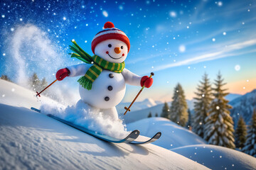 Fototapeta premium Cheerful snowman skiing down a snowy slope under a blue sky with pine trees