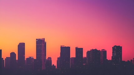 A vibrant city skyline at sunset, showcasing silhouettes of skyscrapers against a gradient sky, with a light solid color background,No blurriness