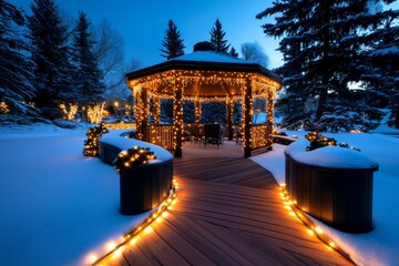 Fototapeta premium A snowy gazebo wrapped in Christmas lights, offering a romantic holiday setting with soft twinkling lights