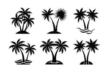 Simple Vector Palm Tree silhouette SVG icons and Beach Logo Designs in black and white and transparent background PNG file with Suns Clouds and Islands in the Ocean