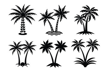 Simple Vector Palm Tree silhouette SVG icons and Beach Logo Designs in black and white and transparent background PNG file with Suns Clouds and Islands in the Ocean