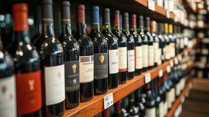 Wine bottles displayed on a store shelf.