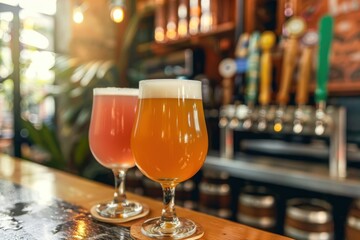 Close-up on samples of beer at a brewery Close-up on samples of beer on the counter at a brewery bar - lifestyle concepts