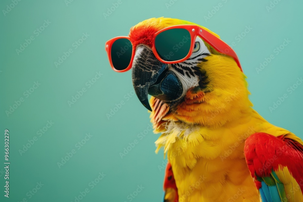 Wall mural a colorful parrot wearing sunglasses and a red hat, generative ai image