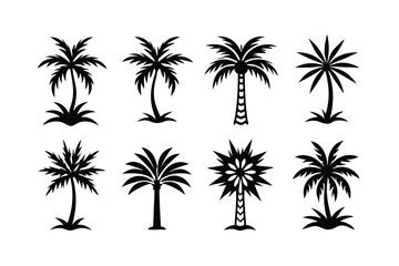 Fototapeta premium Simple Vector Palm Tree silhouette SVG icons and Beach Logo Designs in black and white and transparent background PNG file with Suns Clouds and Islands in the Ocean