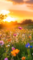 Obraz premium A picturesque sunrise over a field of wildflowers, with vibrant colors illuminating the scene and a soft focus on the foreground,No blurriness