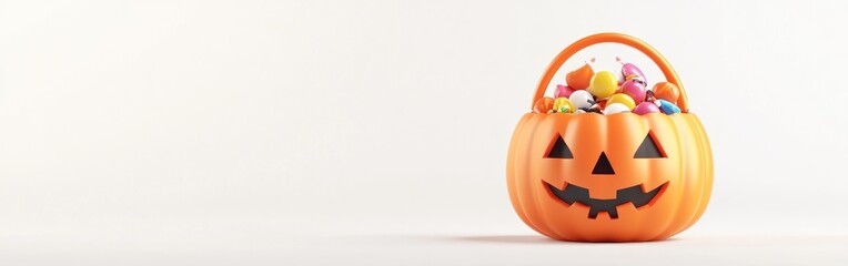 A pumpkin-shaped basket filled with colorful candies for Halloween celebrations.