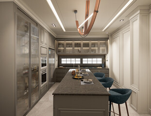 The interior of the kitchen was designed as a combination of classic modern and glamour styles. Grey decorative fronts of cabinets harmonize with black marble and golden details. 3d illustration